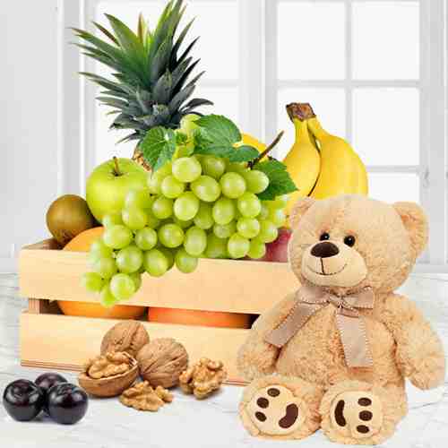 Teddy and Fruit Tray-Birhday Healthy Hamper Send to Spain