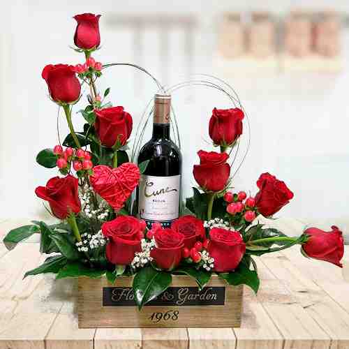 Roses And Wine Arrangement-Send Rose And Wine To Spain